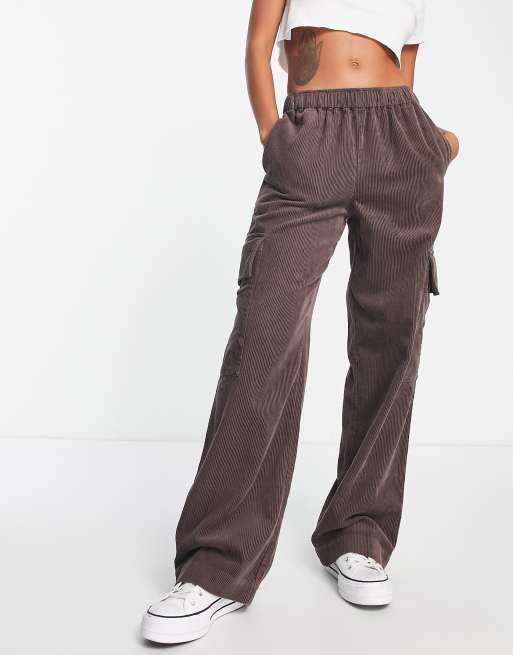 ASOS DESIGN Pantalon large a enfiler en velours cotele avec poches plaquees Marron ASOS