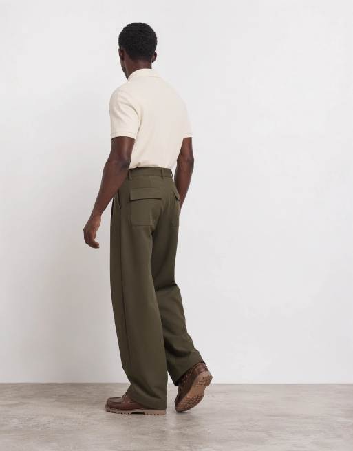 ASOS DESIGN pantalon large à jambes barrel plissées ajusté en kaki, 10 de 10