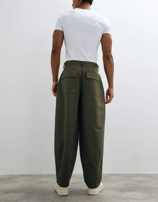 ASOS DESIGN pantalon large à jambes barrel plissées ajusté en kaki, 3 de 10