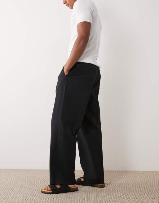 ASOS DESIGN pantalon large ajusté noir en seersucker avec taille élastiquée, 3 de 5