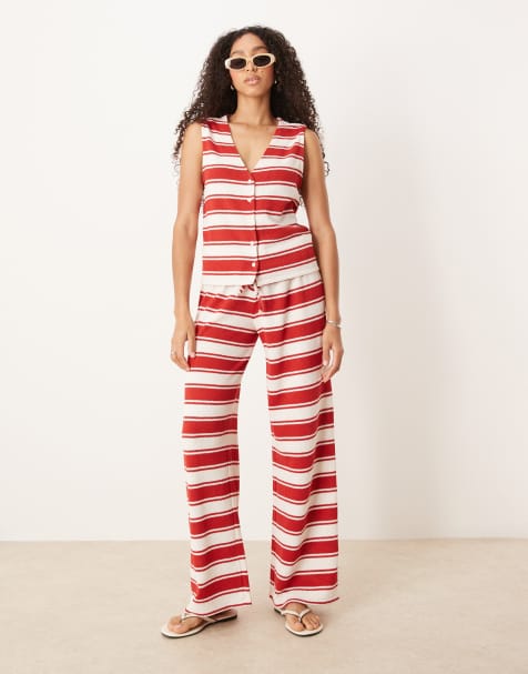 ASOS DESIGN - Pantalon large d'ensemble à rayures - Rouge et crème - view 1