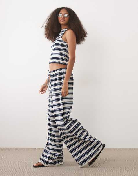 ASOS DESIGN - Pantalon large d'ensemble côtelé à rayures - Bleu - view 1