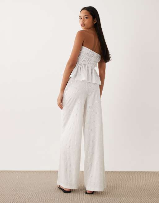 ASOS DESIGN - Pantalon large d'ensemble en jersey à broderie anglaise avec cordon de serrage à pampilles - Blanc, 5 de 5
