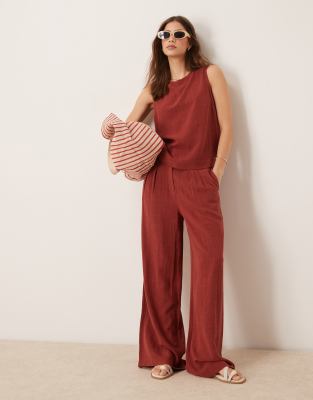 ASOS DESIGN - Pantalon large d'ensemble en lin à pinces - Rouge brique