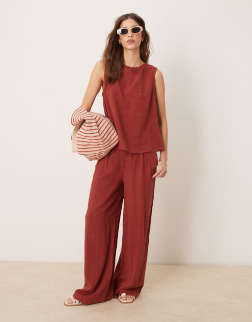 ASOS DESIGN - Pantalon large d'ensemble en lin à pinces - Rouge brique , 3 de 4