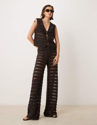 Pantalon large d'ensemble en maille ajourée avec bords festonnés - Chocolat-Marron XS