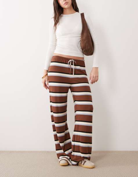 ASOS DESIGN - Pantalon large d'ensemble en maille de jersey à rayures - Chocolat et bleu clair - view 1