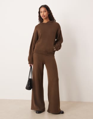 Pantalon large d'ensemble en maille duveteuse - Marron chocolat-Brown XS