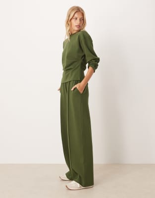 ASOS DESIGN - Pantalon large d'ensemble en maille interlock - Kaki-Vert