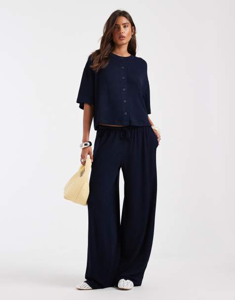 ASOS DESIGN - Pantalon large d'ensemble en maille texturée - Bleu marine - view 1