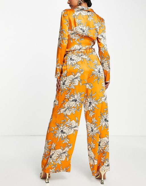 ASOS DESIGN - Pantalon large d'ensemble en satin à imprimé fleurs - Orange , 2 de 4