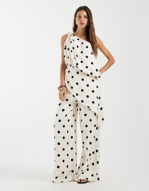 ASOS DESIGN - Pantalon large d'ensemble en satin à pois - Crème - view 1