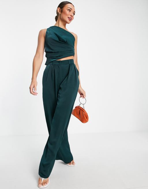 ASOS DESIGN - Pantalon large d'ensemble en satin - Vert forêt