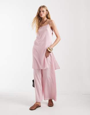 Pantalon large d'ensemble en tissu froissé rayé - Rose 46