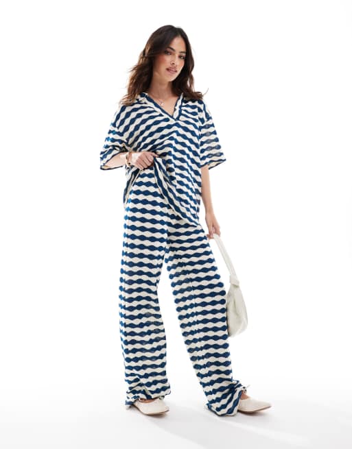 ASOS DESIGN - Pantalon large d'ensemble texturé à rayures - Bleu marine