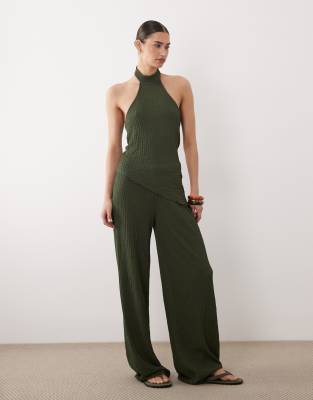 Pantalon large d'ensemble texturé - Kaki-Vert M