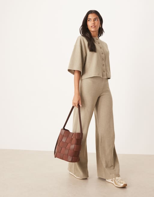 ASOS DESIGN - Pantalon large doux au toucher - Taupe chiné