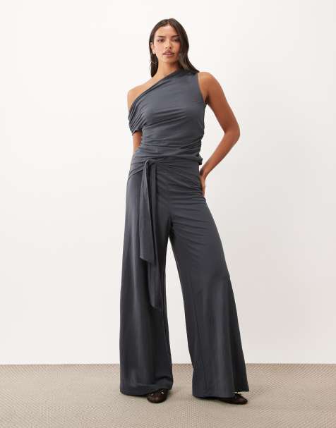 ASOS DESIGN pantalon large en jersey avec détail à nouer à la taille en charbon - view 1