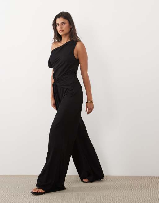 ASOS DESIGN pantalon large en jersey avec détail à nouer à la taille noir, 3 de 5