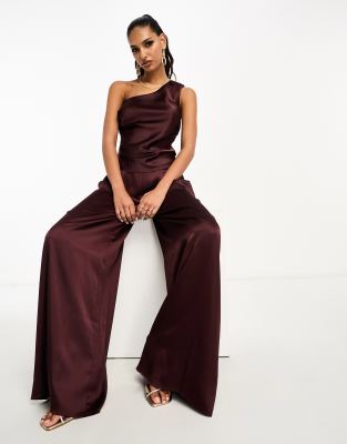 ASOS DESIGN - Pantalon large en satin à pinces - Chocolat