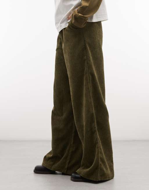 ASOS DESIGN pantalon large en velours côtelé à taille élastiquée kaki foncé, 2 de 5