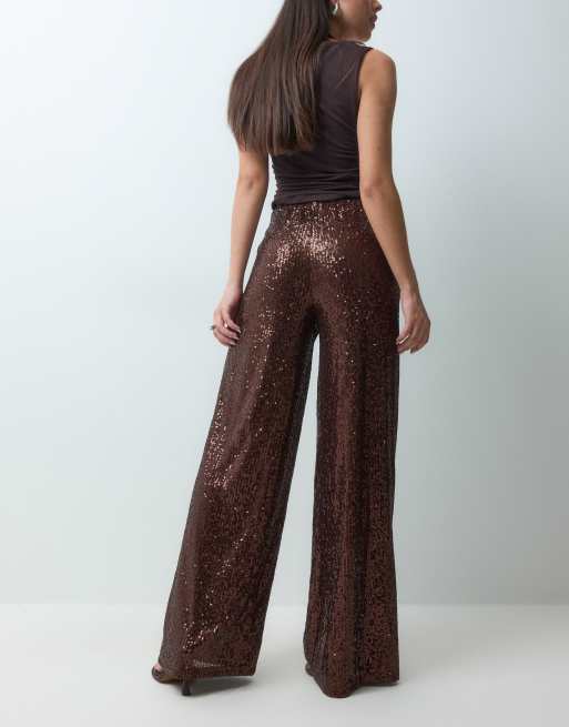 ASOS DESIGN pantalon large entièrement à sequins couleur chocolat, 5 de 5