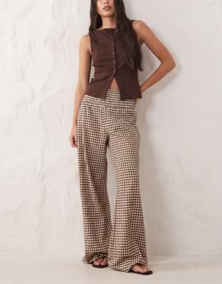 Pantalon large froncé à carreaux vichy - Marron-Multicolore L
