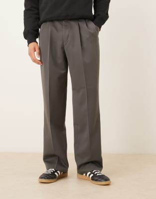 ASOS DESIGN - Pantalon large habillé avec doubles plis et poches à l'arrière - Anthracite-Gris