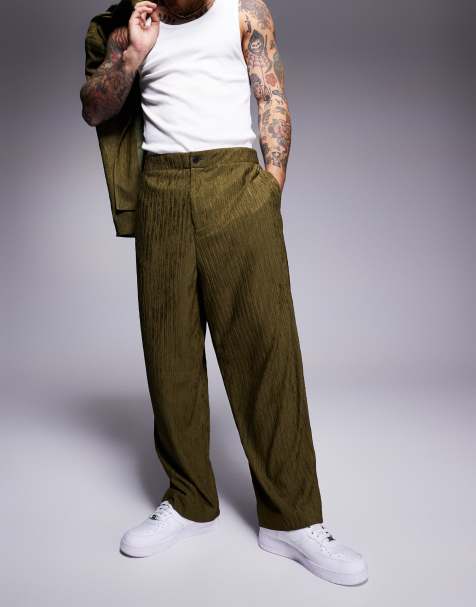 ASOS DESIGN - Pantalon met rechte pijpen van getextureerde gekreukte stof in olijfgroen - view 1