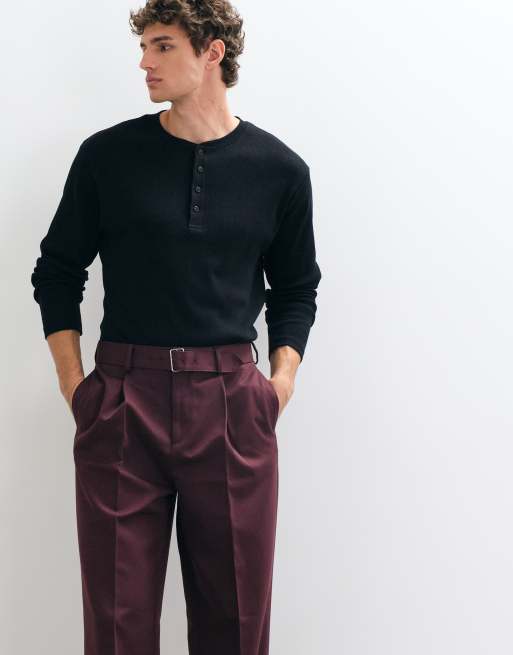 ASOS DESIGN pantalon met riem en wijde pijpen in bordeauxrood, 3 van 5