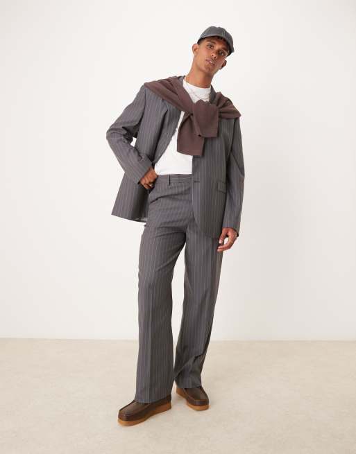 ASOS DESIGN - Pantalon met wijde pijpen en krijtstreep in antraciet
