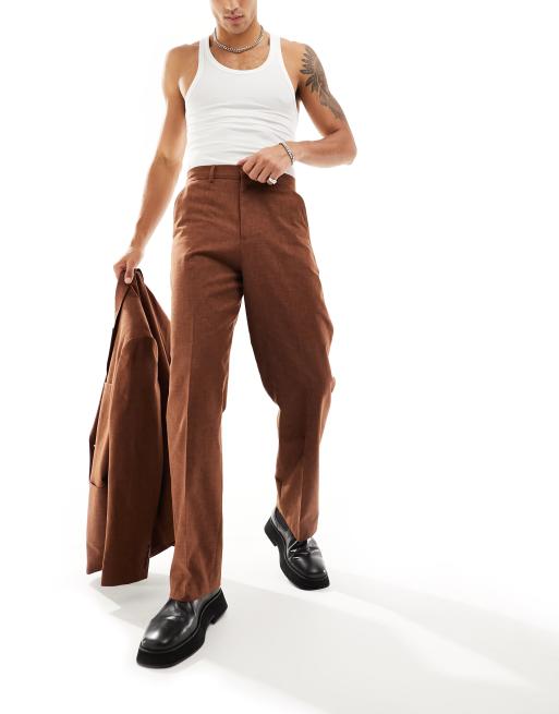 ASOS DESIGN - Pantalon met wijde pijpen en slubby textuur in bruin