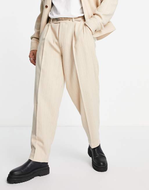 ASOS DESIGN - Pantalon met wijde pijpen in krijtstreep in beige
