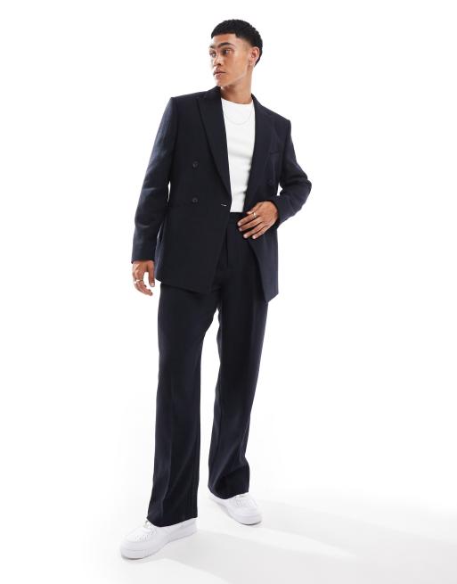 ASOS DESIGN - Pantalon met wijde pijpen van wolmix in marineblauwe keperstof
