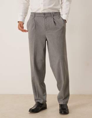 ASOS DESIGN - Pantalon oversize fuselé aspect laine à pinces - Gris-Noir