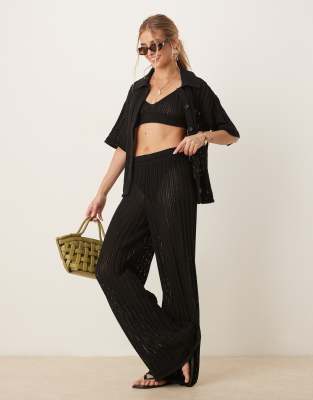 Pantalon palazzo d'ensemble en maille pointelle - Noir S