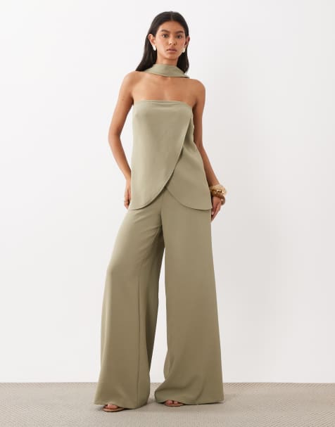 ASOS DESIGN - Pantalon palazzo habillé d'ensemble à taille haute et détails façon corset - Olive doux - view 1