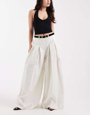 Pantalon palazzo habillé en lin mélangé à rayures et ceinture - Écru-Blanc 42