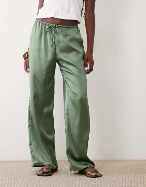 ASOS DESIGN - pantalón satinado de pernera ancha con cintura elástica en caqui - view 1