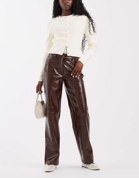 ASOS DESIGN pantalon slim droit en imitation cuir effet croco camel - view 1