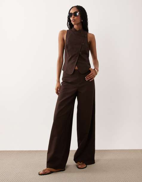 ASOS DESIGN - Pantalon taille basse d'ensemble en lin mélangé avec liens - Chocolat - view 1