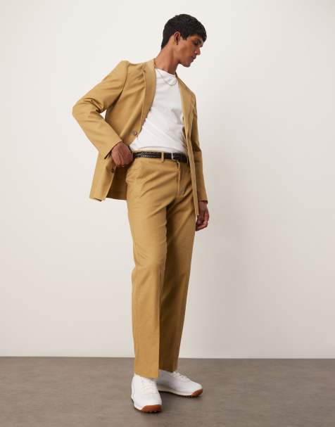 ASOS DESIGN - Pantalon van keperstof van katoen en linnen met rechte pijpen in lichtbruin - view 1