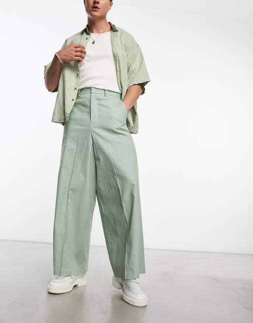 ASOS DESIGN - Pantalon van linnenmix met extreem wijde pijpen in saliegroen