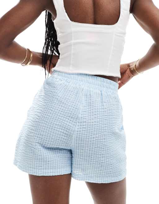 ASOS DESIGN - Pantaloncini allacciati in vita blu e bianchi a righe in seersucker, 3 di 5