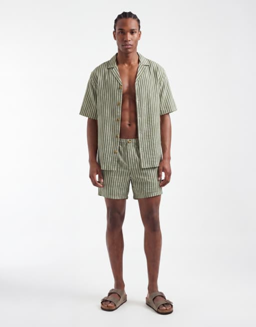 ASOS DESIGN - Coordinato verde a righe con camicia e pantaloncini, 4 di 4