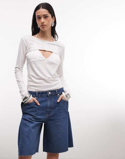 ASOS DESIGN - Pantaloncini bermuda di jeans blu medio scuro con pieghe laterali - view 1