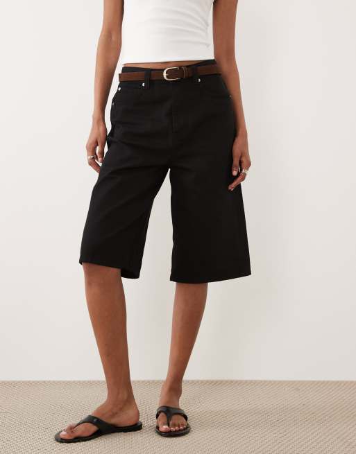 ASOS DESIGN - Pantaloncini bermuda in denim neri con cintura in camoscio, 2 di 5
