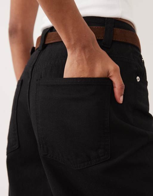 ASOS DESIGN - Pantaloncini bermuda in denim neri con cintura in camoscio, 4 di 5