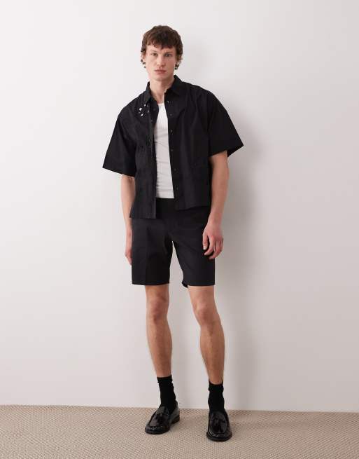 ASOS DESIGN - Pantaloncini chino sartoriali slim in misto cotone nero, 2 di 5