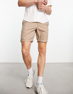 ASOS DESIGN skinny chino shorts in mid length in stone  - ASOS Price Checker